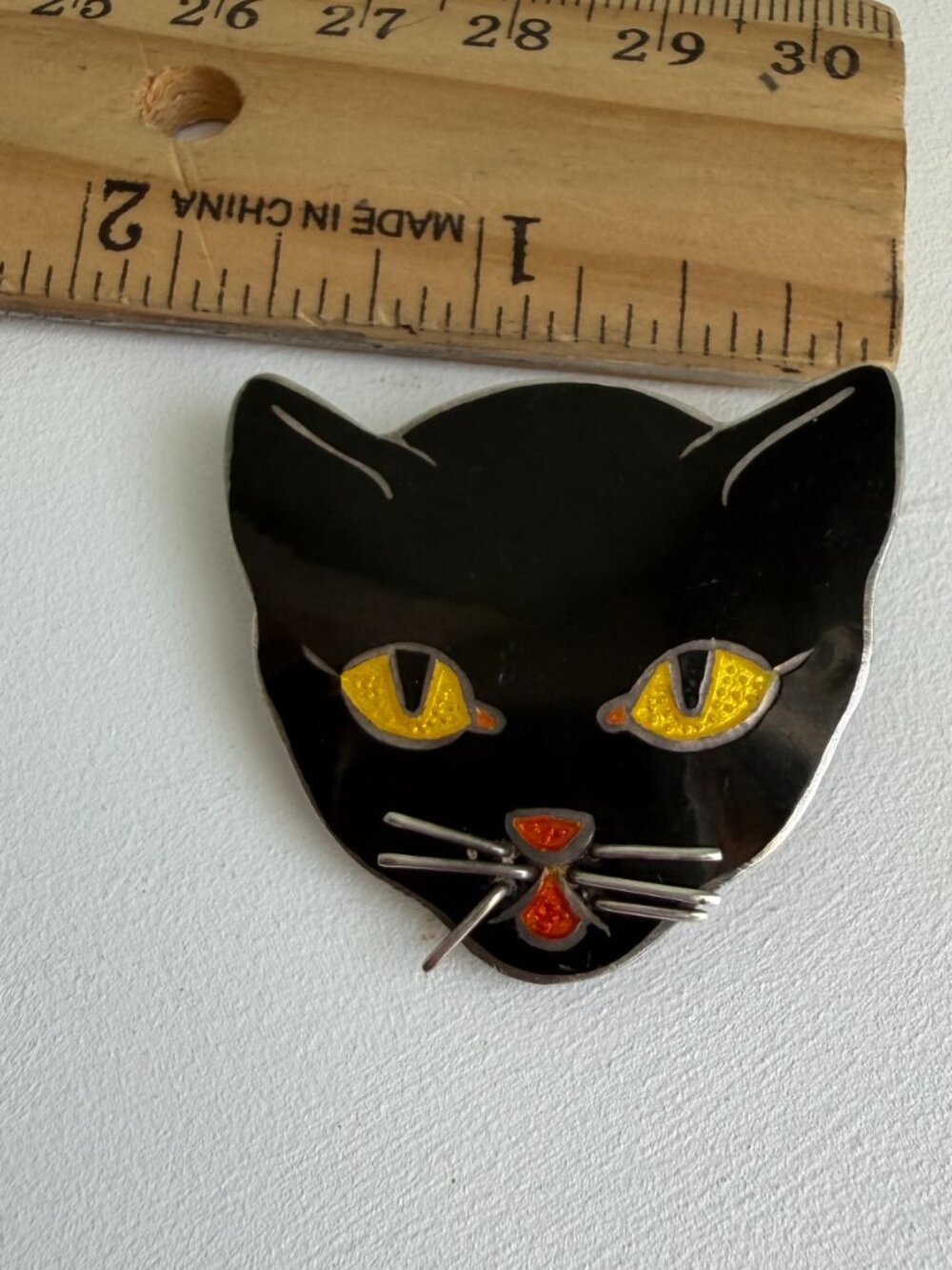 Vintage Margot de Taxco Sterling Silver & Enamel Cat Face Pin - Picture 6 of 8